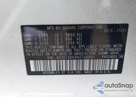 2022 Subaru Impreza Base 5-Door z USA, uszkodzony, nr VIN 4S3GTAB6XN3709960